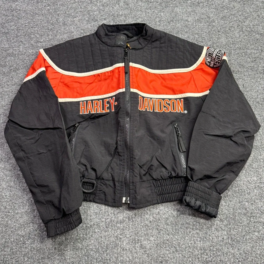 Harley Davidson Motorcycle Jacket Kids S Black Orange Nylon Bomber Racing Biker